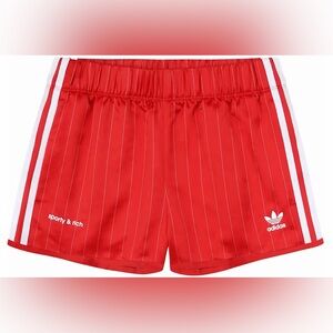 Sporty & Rich Red Pinstripe Athletic Shorts with White Stripes